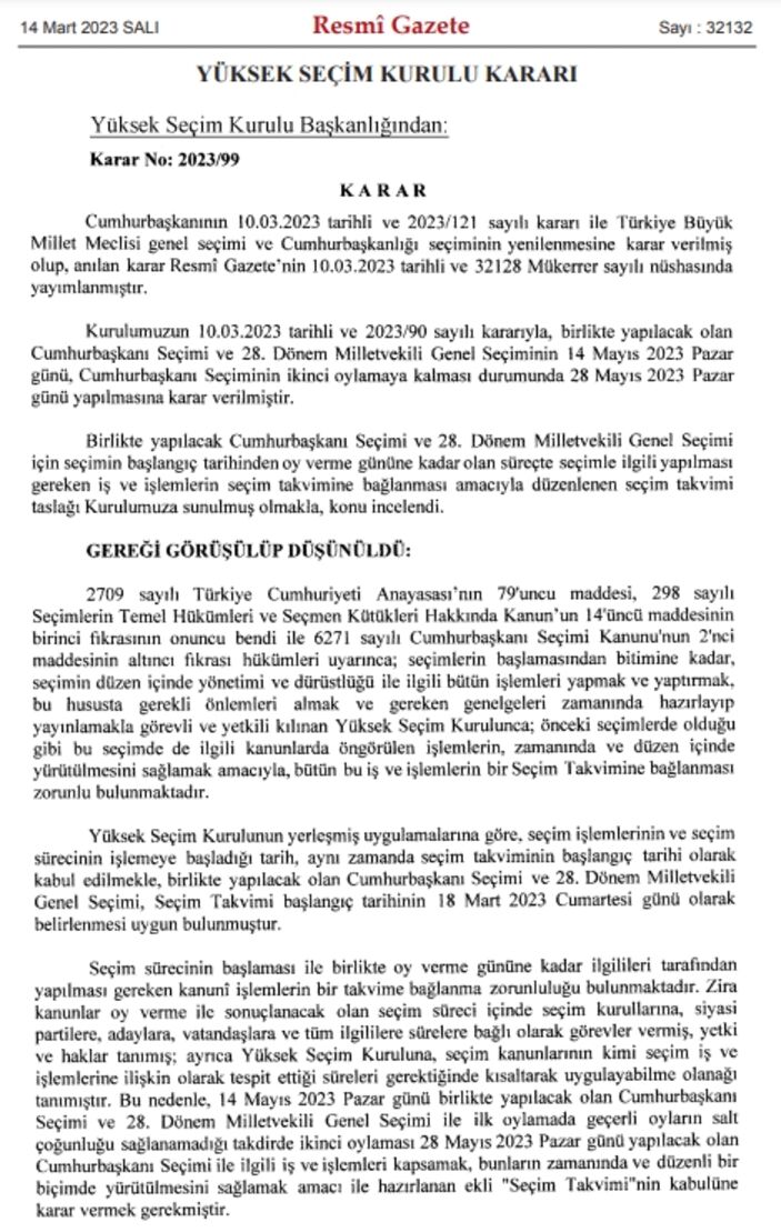 Seçim takvimi Resmi Gazete'de