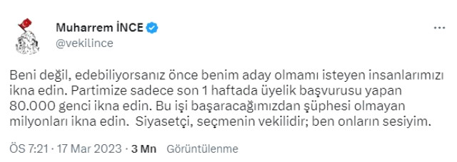 İnce, 'Kılıçdaroğlu lehine adaylıktan çekil' çağrılarına İnce yanıt verdi: Beni değil, milyonları ikna edin